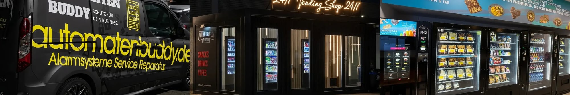 Collage aus AutomatenBuddy-Servicefahrzeug, FlavourFlo-24/7-Kiosk und Kantine24-Automatenanlage von Florian Kuhl.